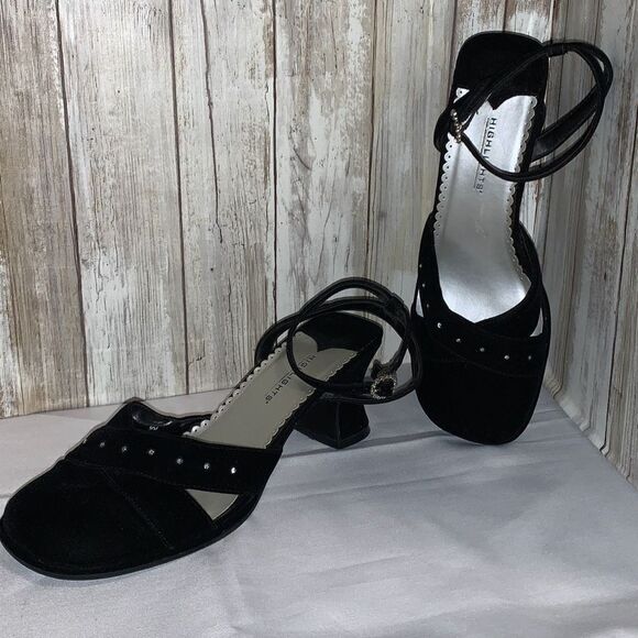 Vintage 90’s Black Velvet Square Toe Ankle Strap Chunky Heels Size 9 - Picture 9 of 16